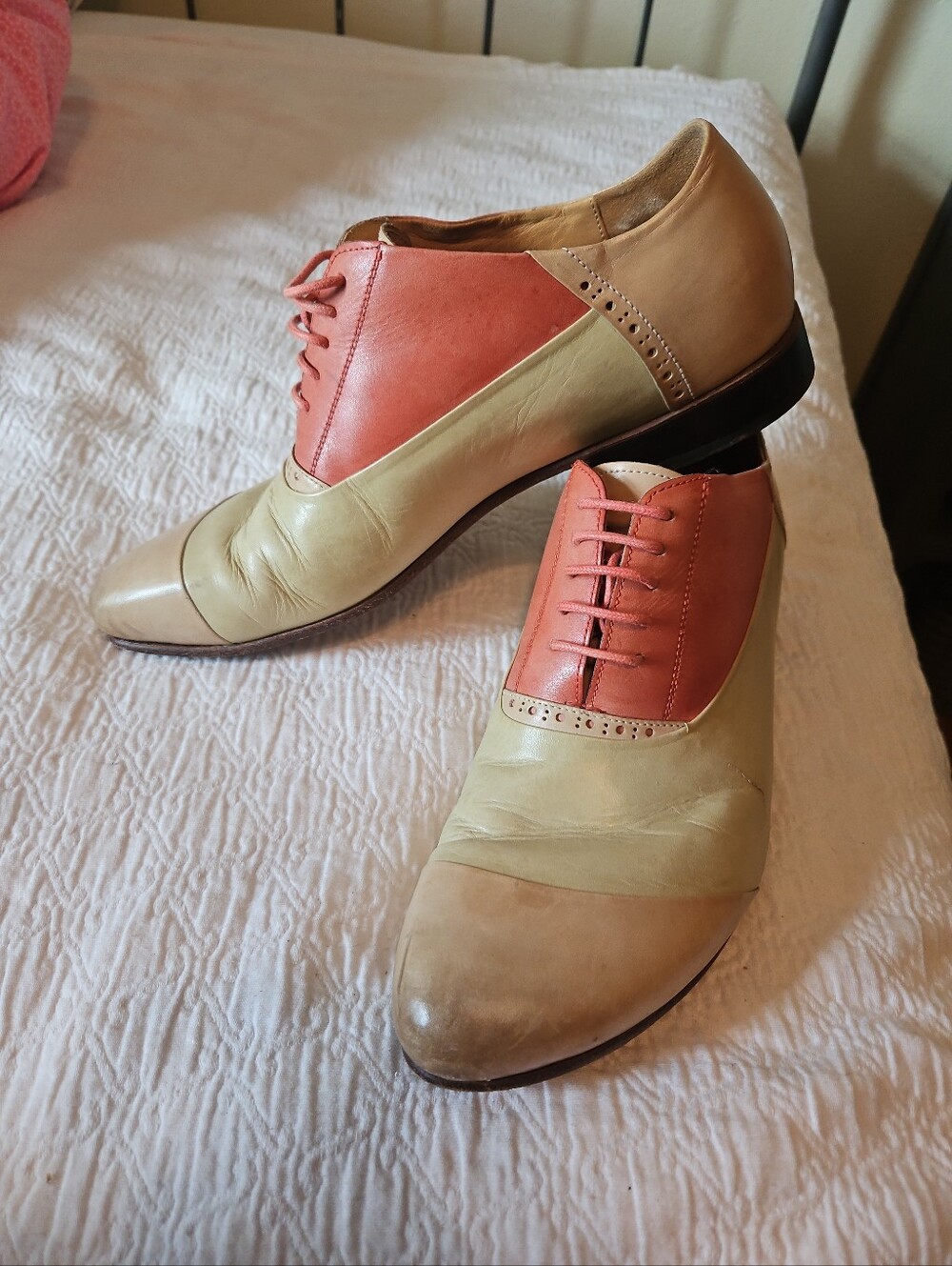John Fluevog Dustons Coral and Beige Two-Tone Derby Oxfords